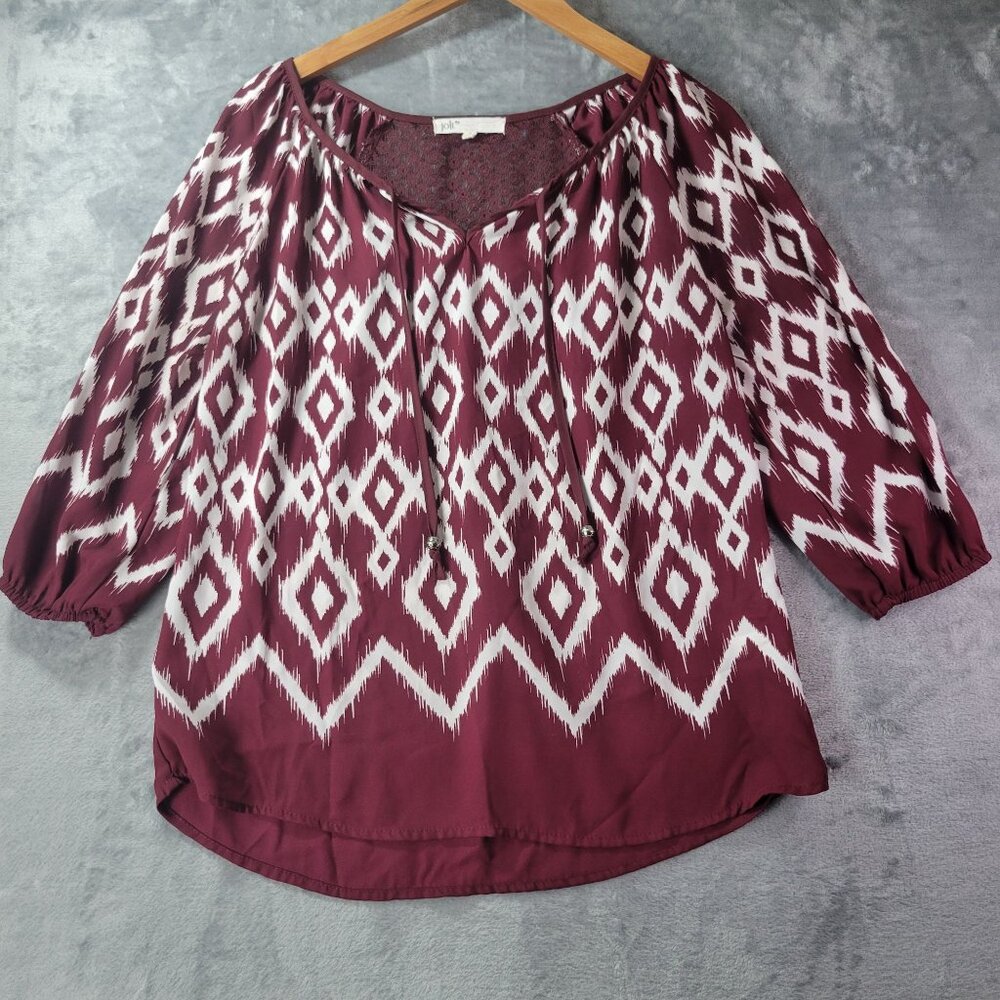 Jolt Womens Small Peasant‎ Blouse Burgundy White Ikat Print Boho 3/4 Sleeve